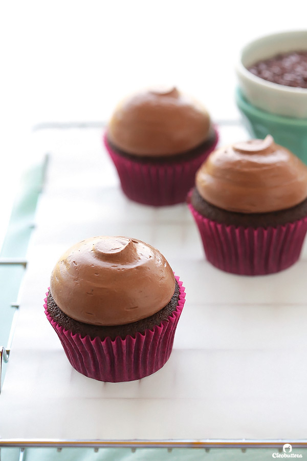 Light and fluffy, moist chocolate cupcake topped with a cloud-like Italian meringue chocolate buttercream and dipped in French chocolate sprinkles. The whole experience is like biting into a chocolate cloud. (Inspired by Kara’s Cupcakes famous Chocolate Velvet Cupcake)