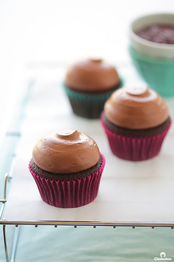 Light and fluffy, moist chocolate cupcake topped with a cloud-like Italian meringue chocolate buttercream and dipped in French chocolate sprinkles. The whole experience is like biting into a chocolate cloud. (Inspired by Kara’s Cupcakes famous Chocolate Velvet Cupcake)