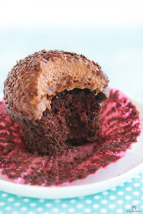 Light and fluffy, moist chocolate cupcake topped with a cloud-like Italian meringue chocolate buttercream and dipped in French chocolate sprinkles. The whole experience is like biting into a chocolate cloud. (Inspired by Kara’s Cupcakes famous Chocolate Velvet Cupcake)