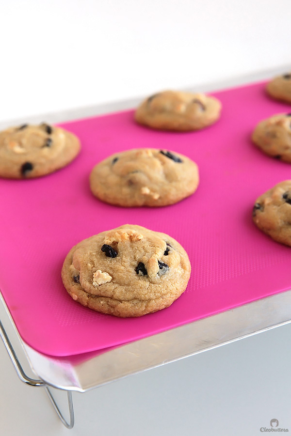 These cookies taste like blueberry muffins, but better. They are incredibly soft, chewy and so thick, with dried blueberries and milk crumbs flavoring every bite. Delish!