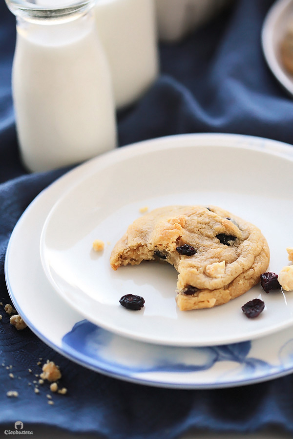 These cookies taste like blueberry muffins, but better. They are incredibly soft, chewy and so thick, with dried blueberries and milk crumbs flavoring every bite. Delish!