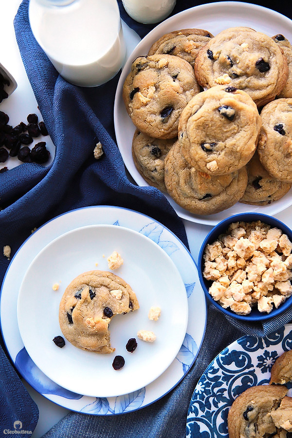 These cookies taste like blueberry muffins, but better. They are incredibly soft, chewy and so thick, with dried blueberries and milk crumbs flavoring every bite. Delish!