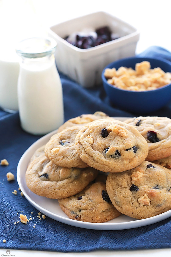 These cookies taste like blueberry muffins, but better. They are incredibly soft, chewy and so thick, with dried blueberries and milk crumbs flavoring every bite. Delish!