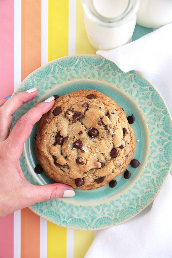 Recipe for 1 giant thick and chewy chocolate chip cookie! Perfect for those moments when all you need is a cookie, but too lazy to make an entire batch. (Can also make 2 regular sized cookie or mini skillet cookies a la mode!)