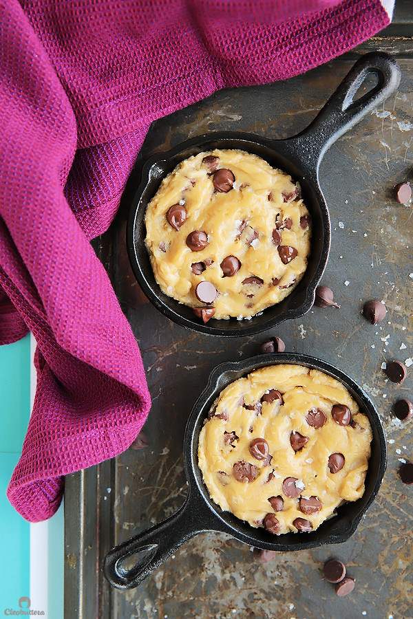 Recipe for 1 giant thick and chewy chocolate chip cookie! Perfect for those moments when all you need is a cookie, but too lazy to make an entire batch. (Can also make 2 regular sized cookie or mini skillet cookies a la mode!)