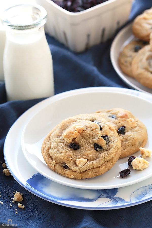 These cookies taste like blueberry muffins, but better. They are incredibly soft, chewy and so thick, with dried blueberries and milk crumbs flavoring every bite. Delish!