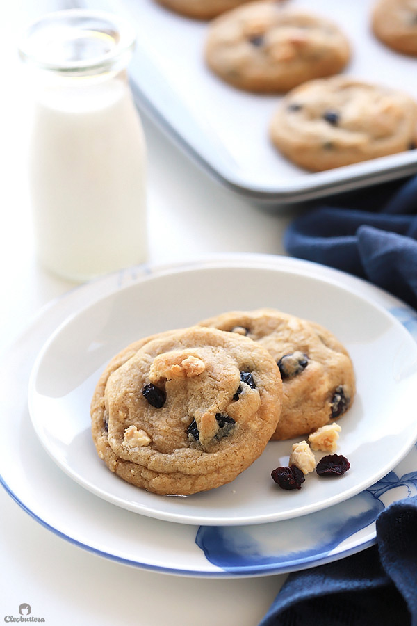 These cookies taste like blueberry muffins, but better. They are incredibly soft, chewy and so thick, with dried blueberries and milk crumbs flavoring every bite. Delish!