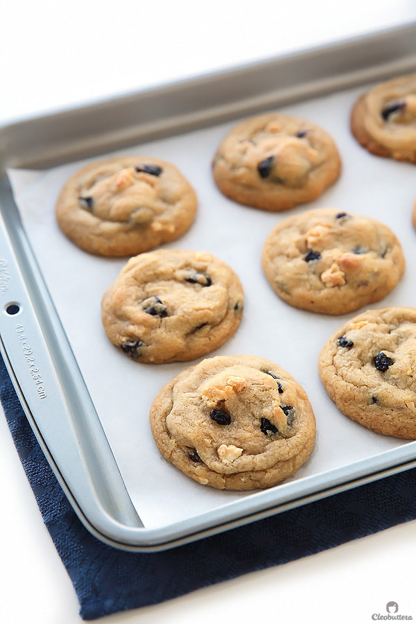 These cookies taste like blueberry muffins, but better. They are incredibly soft, chewy and so thick, with dried blueberries and milk crumbs flavoring every bite. Delish!