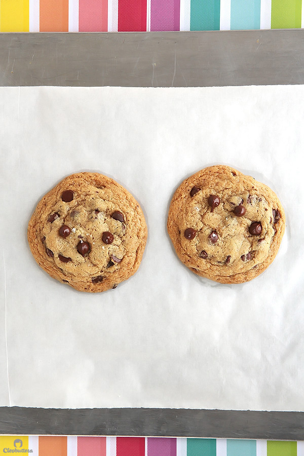 Quick and easy recipe for ONE giant thick and chewy chocolate chip cookie! Perfect for those moments when a cookie craving strikes. (Can also make 2 regular sized cookie or mini skillet cookies a la mode!)