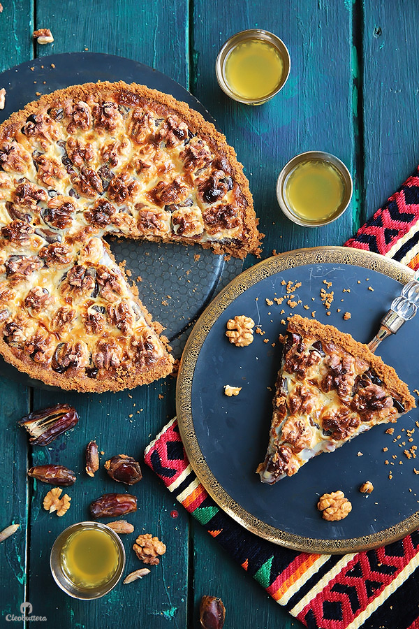 This tart could not be easier or more delicious! Cinnamon spiced digestive biscuit crust, layered with soft dates, walnuts and caramelized condensed milk. Heavenly!