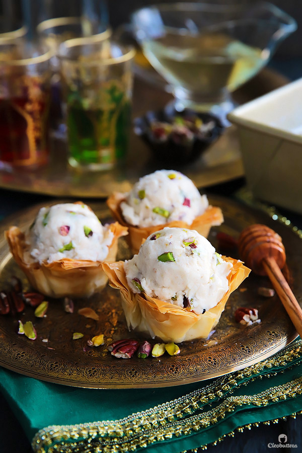 A fun summer spin on the Mediterranean favorite! Crispy phyllo cup sweetened with cinnamon honey syrup, topped with a scoop of an easy to make candied nuts cinnamon ice cream. 