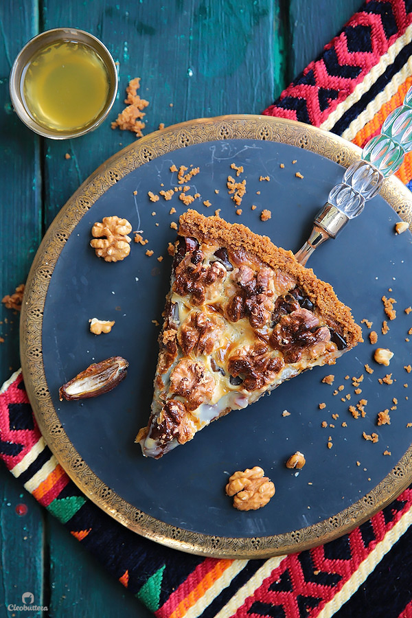 This tart could not be easier or more delicious! Cinnamon spiced digestive biscuit crust, layered with soft dates, walnuts and caramelized condensed milk. Heavenly!