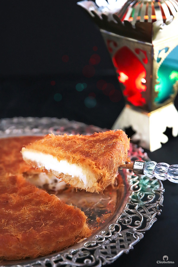 Classic Cream-Filled Konafa {A Middle-Eastern delicacy, made from crunchy shredded phyllo pastry, sandwiching a creamy, pudding-like filling, and soaked with vanilla scented simple syrup}