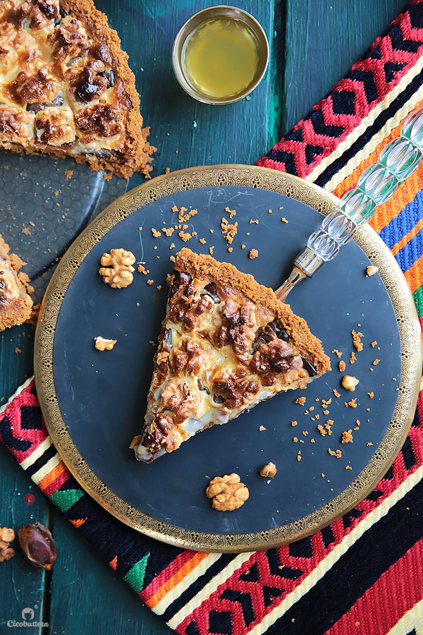 This tart could not be easier or more delicious! Cinnamon spiced digestive biscuit crust, layered with soft dates, walnuts and caramelized condensed milk. Heavenly!