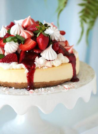 Your search for the perfect baked cheesecake ends here!  Incomparably creamy and velvety with just the right amount of tang, sweetness and density.  A wonderful contrast to a crunchy crust that doesn't turn soggy.  Serve plain from the ultimate classic or give it an Eton Mess twist with strawberry topping, meringue kisses and whipped cream!