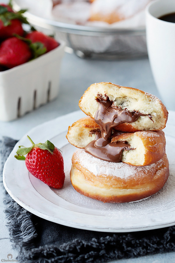 Soft and pillowy donuts, exploding with a river of Nutella.  One of the best donuts you could ever experience!