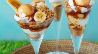 A Middle Eastern spin on a ice cream favorite!  Vanilla ice cream layered with bananas, salted caramel sauce and caramelized cinnamon kunafa crumbs for crunch..Heavenly!