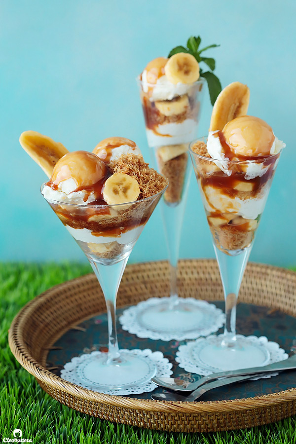 A Middle Eastern spin on a ice cream favorite!  Vanilla ice cream layered with bananas, salted caramel sauce and caramelized cinnamon kunafa crumbs for crunch..Heavenly!