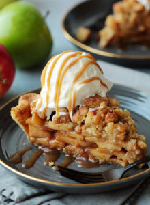 Super flaky and tender crust, warmly spiced, saucy apple filling with caramel notes in every bite, crunchy crumb topping...this is apple pie perfection right here!  A few tricks ensures a crisp, well browned bottom crust that is never, ever dense or soggy.