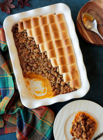 A sweeter version of the loved Thanksgiving side dish, making it perfect for dessert!  Creamy sweet potato filling topped with both crunchy pecan topping and roasted marshmallows to satisfy all tastes.  The lack of eggs in the dish makes it looser and lighter in texture!