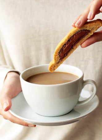 Hazelnut flavored biscotti filled with Nutella all the way through for the ultimate coffee break experience.  These cookies will have everyone begging for more!