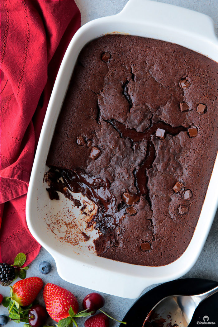A blown up version of my most popular recipe post of all time, the Molten Chocolate Mug Cake!  This one feeds a crowd, just as easy and every every bit as delicious, with its fluffy, cake-y outside and chocolatey, saucy inside. 