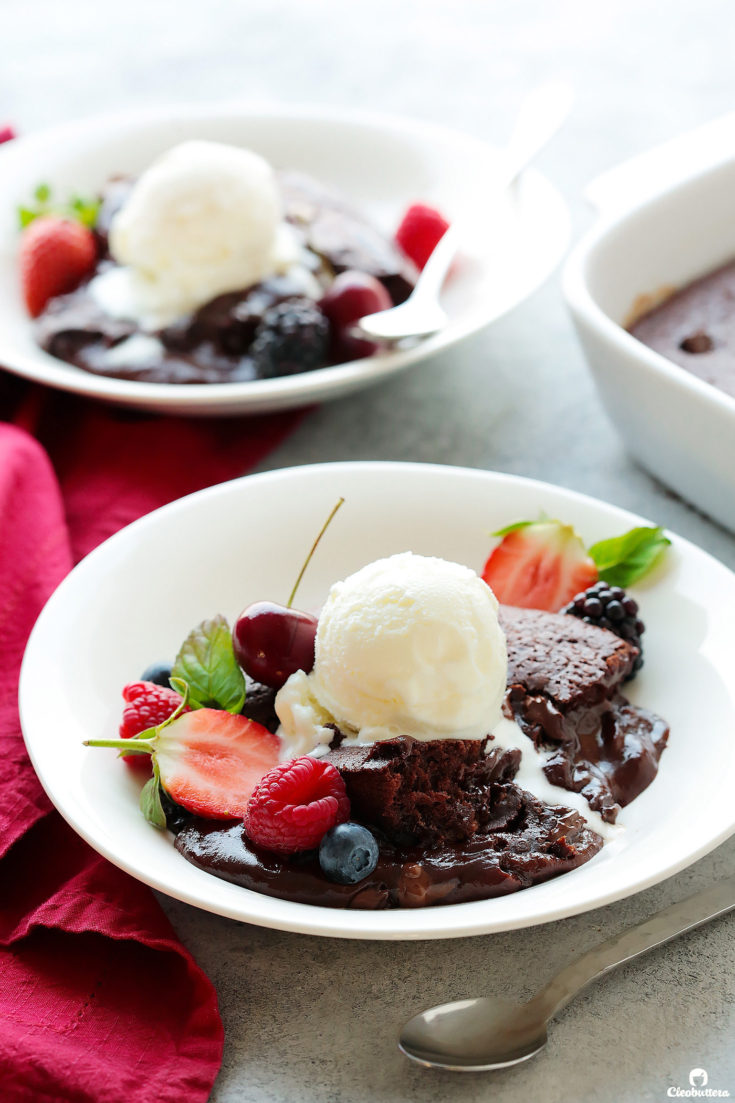 A blown up version of my most popular recipe post of all time, the Molten Chocolate Mug Cake!  This one feeds a crowd, just as easy and every every bit as delicious, with its fluffy, cake-y outside and chocolatey, saucy inside. 