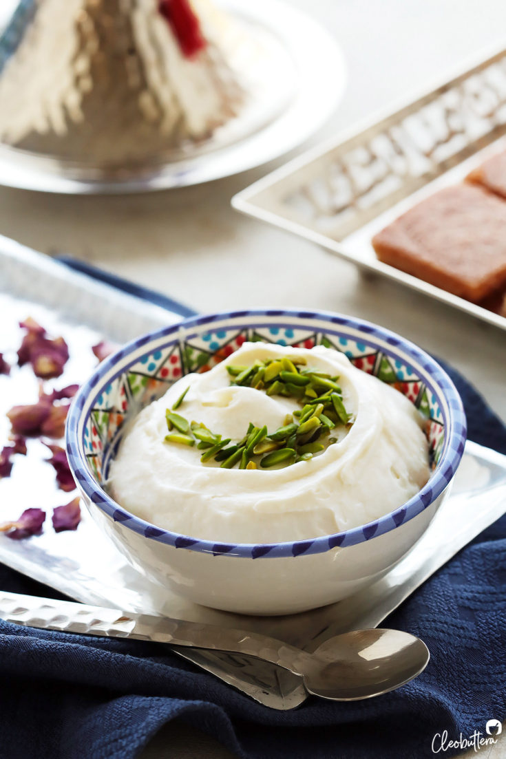 The easiest and quickest way to make a shortcut, Arabic-style clotted cream, perfect for topping or filling into your favorite Middle Eastern desserts.
