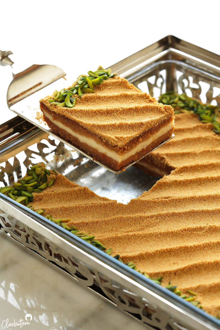 A uniquely delicious basbousa cake with notes of toffee and caramel that come from toasted milk powder; a genius ingredient that elevates the taste of anything it touches.  Filled with a cream center and soaked with sweetened condensed milk...this basbousa is sure to make your tastebuds sing.
