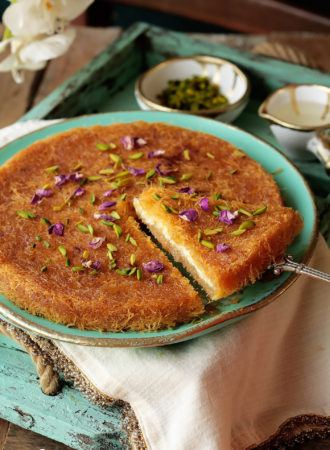 The easiest, quickest and most versatile kunafa there is!  With a sweet and tangy creamy ricotta filling, signature crunchy crust and lightly scented sugar syrup, this kunafa will likely become your new go-to!